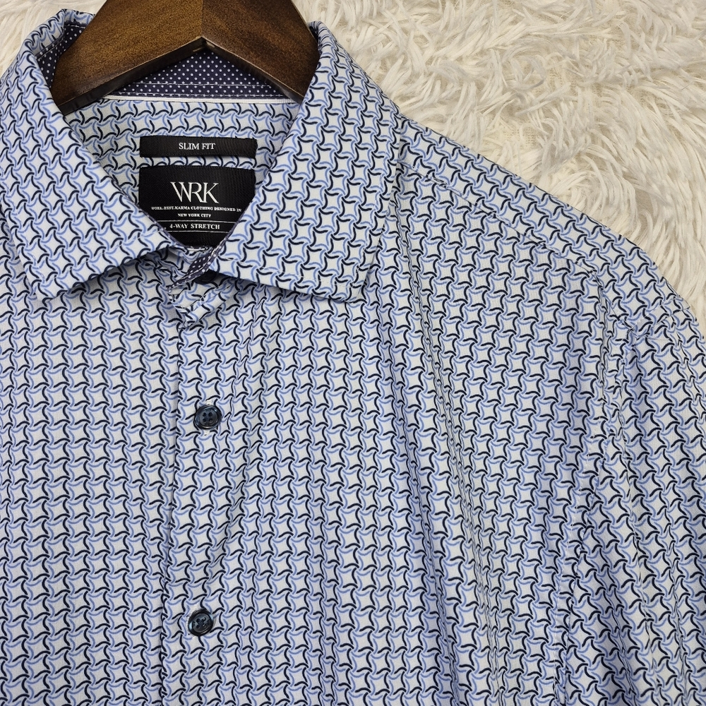 WRK Dress Shirt Men 16.5 Blue Geometric 4-Way Stretch Flip Cuff Long Sleeve